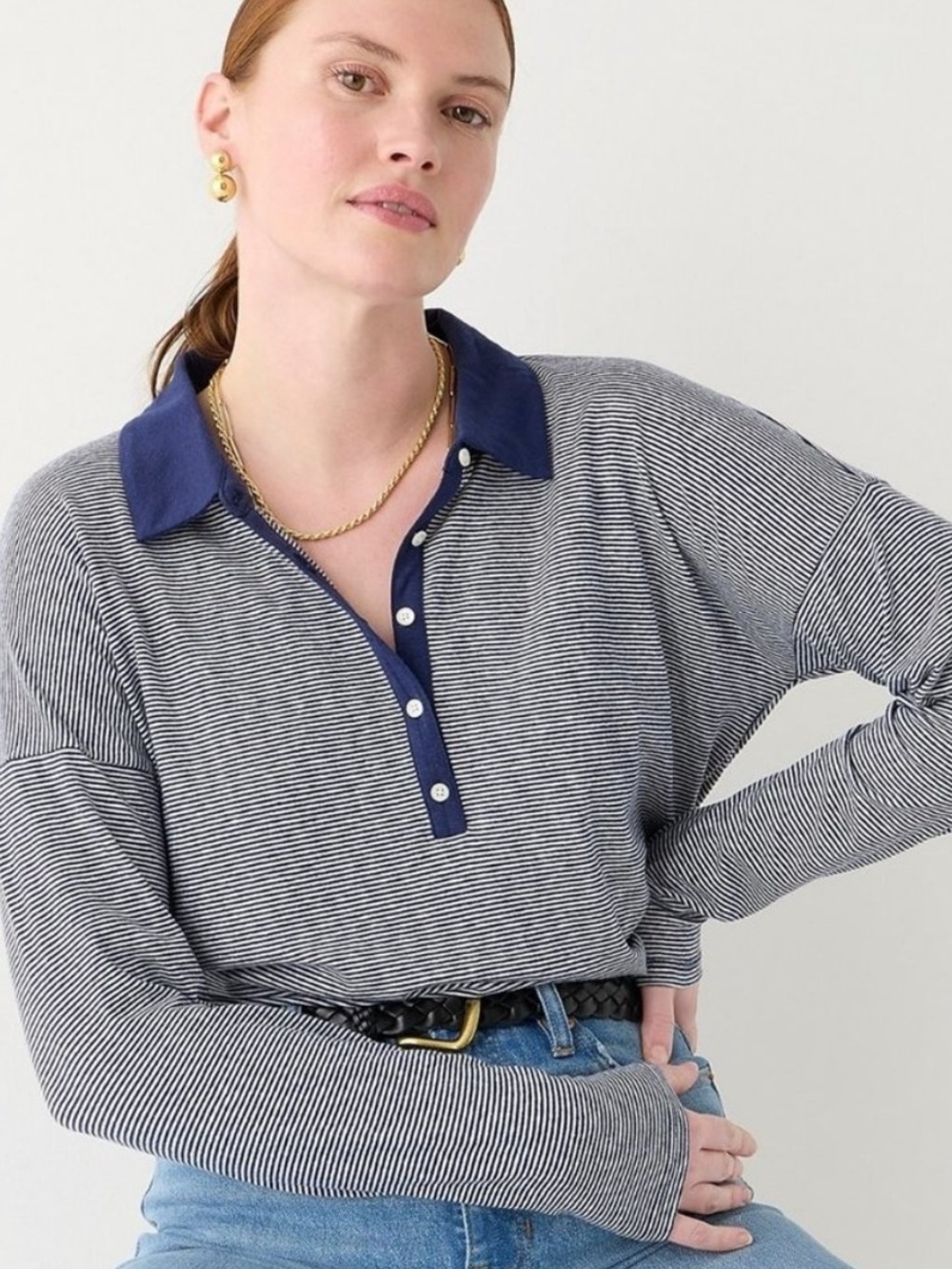 J.Crew Relaxed Stretch Linen Blend Striped Polo Shirt Navy White L - Picture 1 of 8